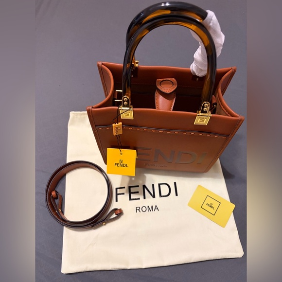 Fashion Brown Mono Italian Leather Sunshine SmallTote W/ Tortoiseshell Handles - Picture 2 of 16